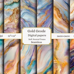 Könnte beinhalten: Digitale Papiere mit einem Goldgeoden-Design. Die Papiere weisen weiche, neutrale Töne mit Wirbeln aus Blau, Lila und Gold auf. Das Bild enthält den Text "Gold Geode Digital papers" und die Abmessungen 30.48cm x 30.48cm.