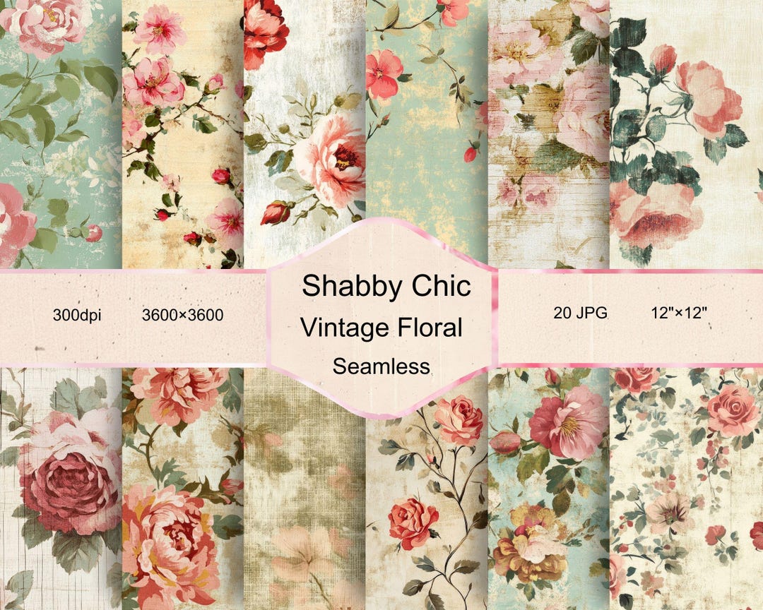 Shabby Chic Digital Papers, Vintage Seamless Pattern, Floral Background ...