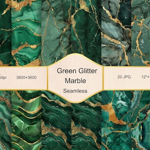Könnte beinhalten: 20 nahtlose digitale Papiermuster mit grünem und goldenem Marmor mit Glitzer. Jedes Muster ist 3600x3600 Pixel groß, 300dpi und 30,5x30,5 cm.