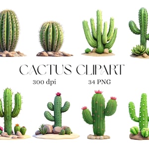 34 clipart de cactos, clipart para impressão, pacote de clipart de diários de lixo, PNG de alta qualidade, clipart de fundos transparentes, download instantâneo