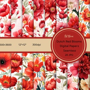 Pack de papier numérique floral rouge, motifs sans couture de fleurs rouges hollandaises aquarelles, scrapbooking et imprimables de journaux indésirables, fond transparent