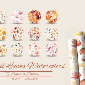 Könnte beinhalten: Eine Sammlung von Aquarelldesigns mit Herbstblättern in verschiedenen Farben, darunter Rot, Orange, Gelb und Braun. Das Bild zeigt 12 nahtlose Muster in kreisförmigen Designs und gerolltem Papier mit Blättermustern. Text: "Fall Leaves Watercolors".