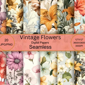 Könnte beinhalten: Ein Set mit 20 digitalen Papieren mit Vintage-Blumenmustern. Die Papiere sind 30,5 cm x 30,5 cm groß und haben eine Auflösung von 300 DPI. Die Muster umfassen Sonnenblumen, Lilien und andere Blumen in den Farben Gelb, Orange, Rosa und Weiß.