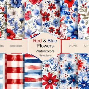 Könnte beinhalten: Ein Set mit 24 digitalen nahtlosen Mustern mit roten und blauen Aquarellblumen. Die Muster sind 3600x3600 Pixel groß und haben eine Auflösung von 300 dpi. Die Muster eignen sich perfekt für Scrapbooking, Kartenherstellung und andere Bastelprojekte.