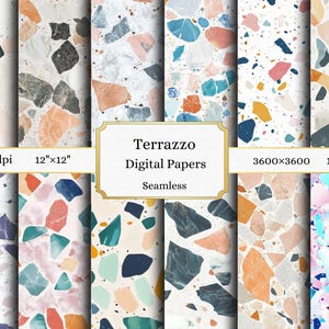 Könnte beinhalten: Eine Sammlung nahtloser digitaler Papiere mit Terrazzo-Mustern. Die Designs zeigen verschiedene Farbpaletten, darunter Blau, Orange und Grau, mit unregelmäßigen Formen auf weißem Hintergrund. Der Text "Terrazzo Digital Papers Seamless" ist enthalten.