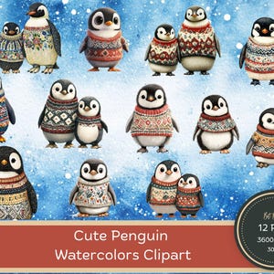 Clipart de pinguim PNG, clipart de pinguim de inverno, clipart de férias, download digital de pinguim, clipart de Natal em aquarela, uso comercial
