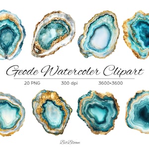Clipart de geodo verde e dourado, clipart de tinta aquarela, pacote de clipart de pedras preciosas, PNG transparente de cristal, download digital, uso comercial