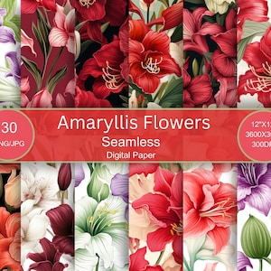 Amaryllis Flowers Seamless Pattern, Amaryllis Floral Digital Papers, Amaryllis Blossoms Tiled Pattern, Commercial Use, Instant Download