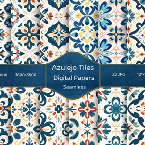 Könnte beinhalten: Ein Set mit 22 digitalen Papieren mit nahtlosen Mustern aus blauen, gelben, roten und weißen Azulejo-Kacheln. Die Papiere sind 30,5 cm x 30,5 cm groß und haben eine Auflösung von 300 dpi.