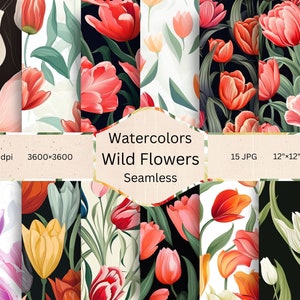 Tulips Flowers Seamless Pattern, Tulips Floral Pattern, Spring Floral Digital Papers, Tulips Blossoms, Commercial Use, Instant Download