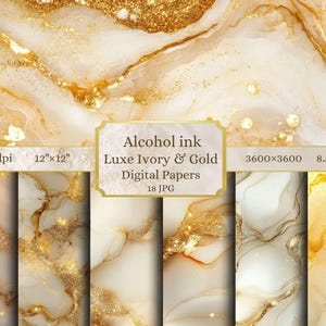 Könnte beinhalten: 18 digitale Papiere mit Designs aus ivoriger und goldener Alkoholtinte. Jedes Papier ist 3600x3600 Pixel groß und kann mit 300 dpi in den Größen 12x12 Zoll oder 8,5x11 Zoll gedruckt werden.