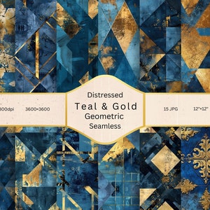 Könnte beinhalten: Nahtloses Muster-Digitalpapier mit einem verwitterten geometrischen Design in Türkis und Gold. Das Muster besteht aus Dreiecken und Quadraten mit einer strukturierten, gealterten Optik.