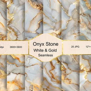 Könnte beinhalten: 20 nahtlose digitale Papiermuster mit weißem und goldenem Onyxstein. Jedes Muster ist 3600x3600 Pixel groß und hat 300 dpi. Die Muster sind 30,48 cm x 30,48 cm groß.