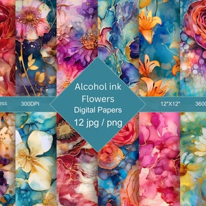 Könnte beinhalten: Zwölf digitale Papiere mit abstrakten Alkohol-Tinten-Blumenmustern in leuchtenden Farben wie Pink, Blau, Gelb und Gold. Nahtlose Muster mit 300 DPI Auflösung, jedes misst 30,48 cm x 30,48 cm.