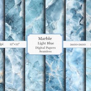 Pacote de papel digital mármore azul claro | Mármore azul-celeste e azul-água sem emendas | Scrapbook, convites de casamento, criação de cartões | Arquivos JPEG para uso comercial