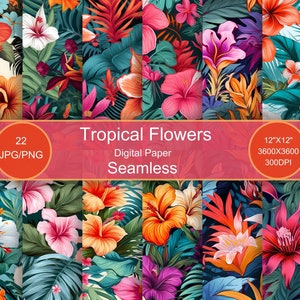 May include: A set of 22 digital paper designs featuring tropical flowers and leaves in vibrant colors, including red, orange, pink, purple, and green. The designs are seamless and measure 12 inches by 12 inches at 300 DPI.
