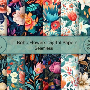 Könnte beinhalten: Ein Set mit 12 digitalen Papieren mit nahtlosen Mustern aus bunten, stilisierten Blumen und Blättern auf dunklem Hintergrund. Die Papiere sind 30,48 cm x 30,48 cm groß und haben eine Auflösung von 300+ DPI.