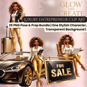 Clip Art de Empreendedora de Luxo 25 Poses PNG para Imóveis Seguros Finanças Chefe Mulheres Brilham e Criam Pacote