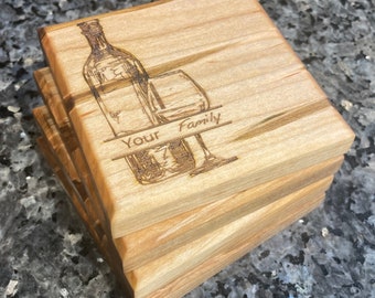 Wine Theme Coaster Set of 4  with personalized text Maple