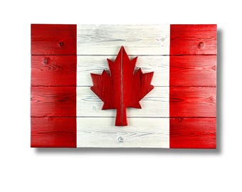 Könnte beinhalten: Ein rechteckiges Wandkunstobjekt aus horizontalen Holzplanken, die wie die kanadische Flagge bemalt sind. Das Design zeigt rote Außenbereiche und einen weißen Mittelteil, mit einem erhabenen, dreidimensionalen roten Ahornblatt in der Mitte.