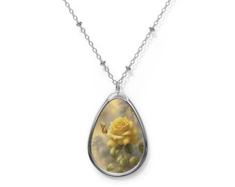 Yellow Rose Oval Necklace Design teardrop zinc alloy 20 inch chain christmas gift birthday women teen girl unique aluminum