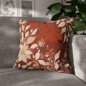 Rust and Cream Floral Folk Art Throw Pillow Cover| Thanksgiving Fall Flower Design| Zippered Throw Pillows |Living Room, Dorm, Bedroom