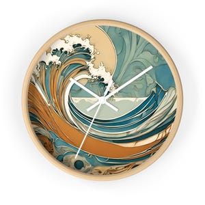 May include: Round wall clock with a light wood frame. The clock face features a stylized wave design in shades of blue, tan, and white. The clock hands are white. The overall design has a vintage, artistic feel.