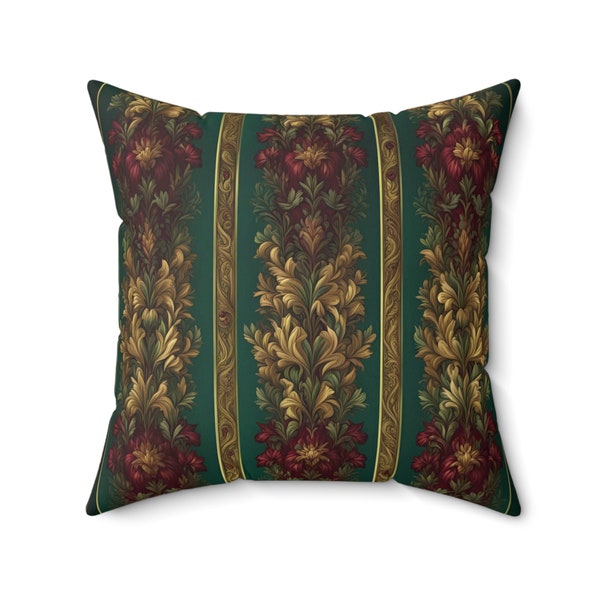 Woodland Floral Stripe Throw Pillow in Burgundy, Deep Hunter Green and Gold for Living Room Sofa or Couch.