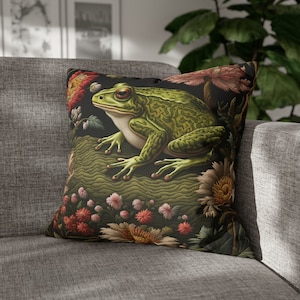 Woodland Frog Throw Pillow Cover| William Morris Embroidered Look Throw Pillow | Country Spring Cottagecore | Living Room, Dorm Room Pillows