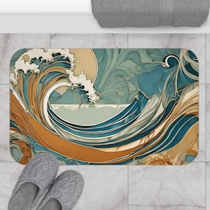 Art Nouveau Ocean Waves Bath Mat microfiber nonslip bathroom rug in rust orange teal unique anti-slip bathroom decor guest bath stylish