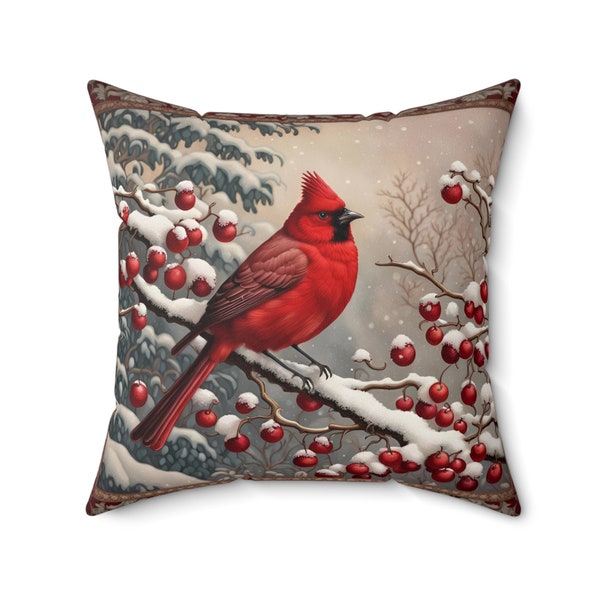Winter Red Cardinal Bird Throw Pillow| William Morris Pillows | Cottagecore | Red Bird Couch Pillow| Christmas Sofa Pillow