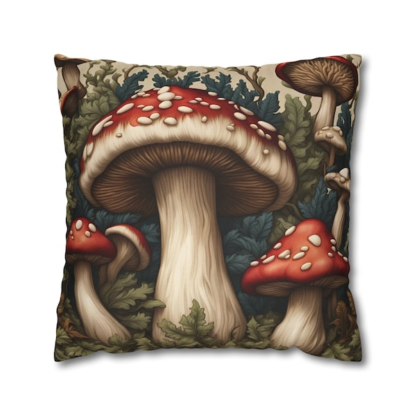 Pillow Case in Magical Mushroom Woodland Theme William Morris Inspired throw pillow cover. Deep rich color, unique, zippered, and washable.