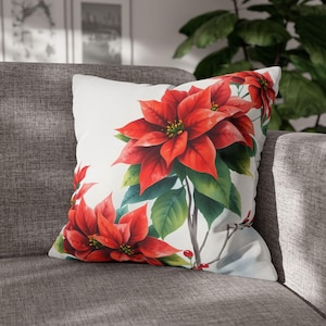Festive Floral Poinsettia Pillowcase | Christmas Decor, Throw Pillow, Holiday Home, Cozy Decor, Gift Ideas, Seasonal Accent