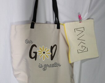 Our God is Greater Hand-Painted Canvas Tote Bag with Matching Pouch