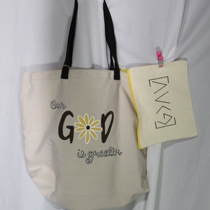 Our God is Greater Hand-Painted Canvas Tote Bag with Matching Pouch