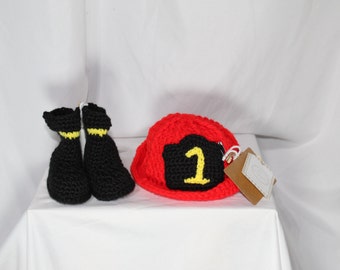 Hand-Crocheted Fireman Hat and Boots Set