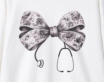 Bow Stethoscope Nurse Unisex Sweatshirt | Floral Bow RN Sweater | Valentine's Day Shirt | Cute Healthcare Tee