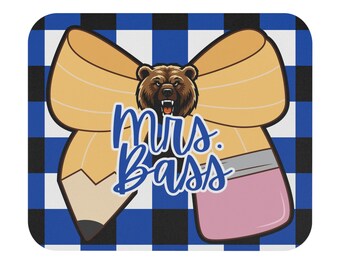 Mrs. Bass school supplies bow mouse pad | blue buffalo check, pencil, paint jar