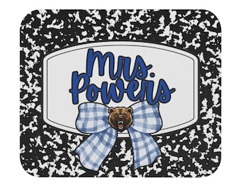 Mrs. Powers composition notebook label Mouse Pad | gingham bow bear design