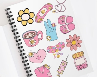 May include: A sheet of stickers with a variety of cute designs, including a bandage, a coffee cup, a stethoscope, a pair of shoes, a peace sign, a pill, a syringe, a heart, a flower, and a bottle of pills. The stickers are all in pink, blue, yellow, and white.