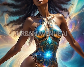 An African-American / Black Woman Depicting Possitive Energy & Dancing Expressively in a Cosmic Setting. Wearing a Metal Superhero Bodysuit