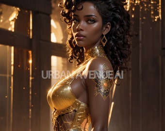 AI Afro-Centric Fantasy Illustration of an African-American or Black Woman Dressed in Gold. She Is a Queen and a Diva in a Golden Palace.