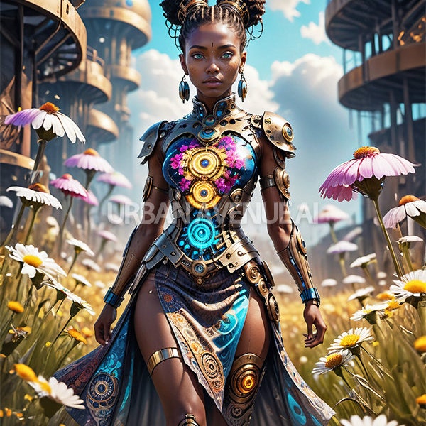 AI Art, African-American, Black Woman, Cyborg, Fantasy, Futuristic, Afrocentic Art, Sc-fi, Black Art, Afro-futurism, Digital Download, PNG