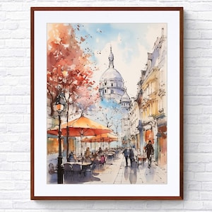 Pariser Cafe Straßenansicht Kunstdruck, Montmartre Herbst Szene Poster, charmantes Wanddekor | 1028