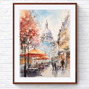 Parisian Cafe Street View Art Print, Montmartre Autumn Scene Poster, Charming Wall Art Decor | 1028