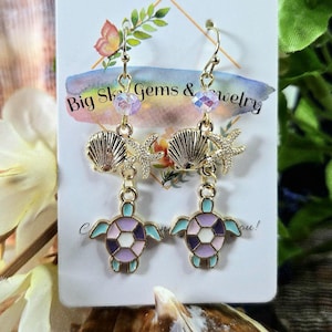 Sea Turtle Dangle Earrings with Starfish, and Seashell. Nickle-free Hypoallergenic