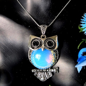 Mystical Opalite Owl Pendant Necklace Including Silver-Plated Snake Chain.