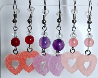 Sugar Heart Gummy Candy Dangle 2.5&quot; Earrings Multicolor Listing (3 options) Semi-Precious Stones Swvarski Crystals 925 Sterling Silver Hooks