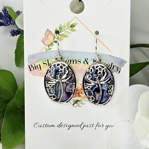 Silver dragonfly faux abalone shell earrings silver-plated hypo-allergenic