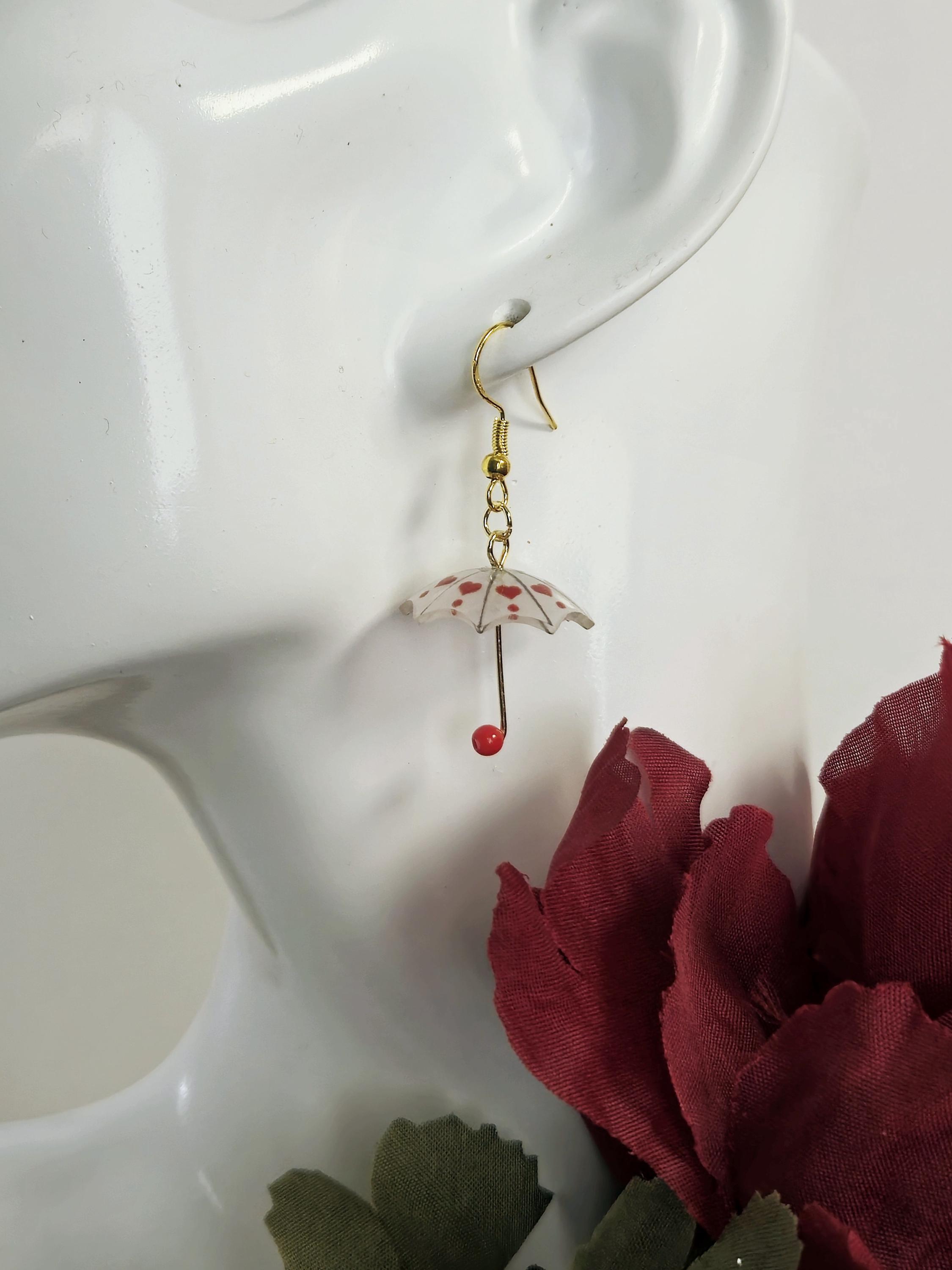 Red Heart Umbrella Dangle Earrings 14K Gold Plated Earring Hooks.